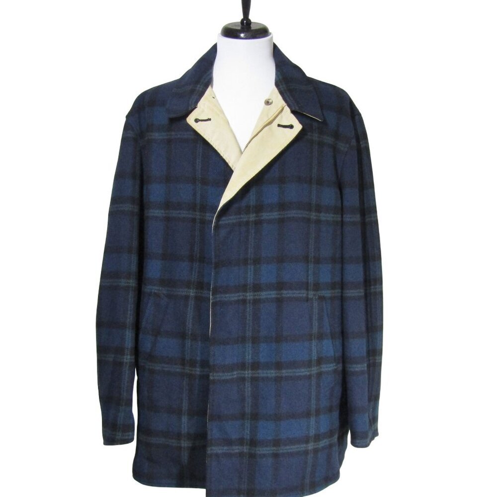 VTG PENDLETON 50s Plaid Black Watch Wool Field Hunting Chore Blue Jacket L READ